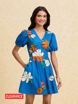 Twenty Dresses by Nykaa Fashion - Blue Floral Print V Neck Puff Sleeves Fit and Flare Short Dress