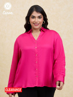 Twenty Dresses by Nykaa Fashion - Curve Hot Pink Solid Full Sleeves Classic Satin Shirt