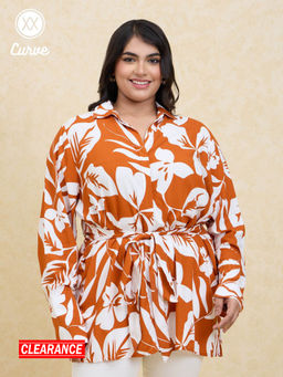 Twenty Dresses by Nykaa Fashion - Curve Rust and White Printed Belted Shirt