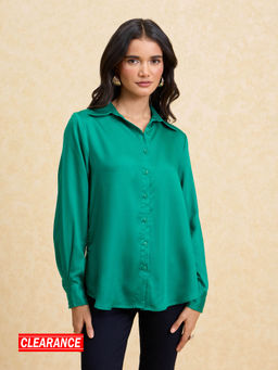 Twenty Dresses by Nykaa Fashion - Green Solid Full Sleeves Classic Satin Shirt