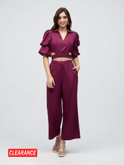 Twenty Dresses by Nykaa Fashion - Wine Solid Crop Puff Sleeves Pants Co Ord (Set of 2)