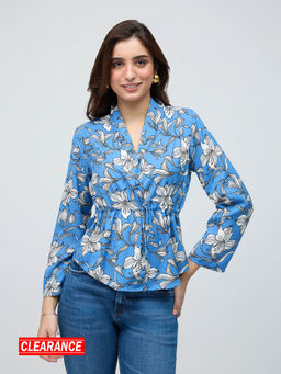 Twenty Dresses by Nykaa Fashion - Blue And White Floral Lapel Collar Tie Up Peplum Top