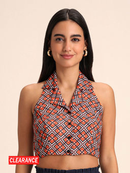 Twenty Dresses by Nykaa Fashion - Multicolor Geometric Print Lapel Collar Sleeveless Crop Top