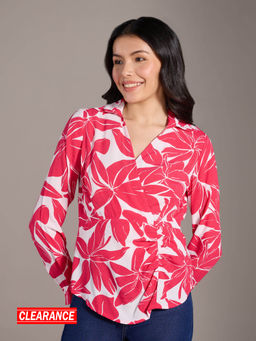 Twenty Dresses by Nykaa Fashion - Fuchsia Pink And White Floral Print Double Collar Wrap Top