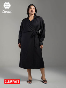 Twenty Dresses by Nykaa Fashion - Curve Black Solid V Collared Neckline Tie Up Wrap Midi Dress