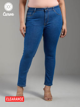 Twenty Dresses by Nykaa Fashion - Curve Brigitte Blue Solid Ankle Length Skinny Fit Denim Jeans