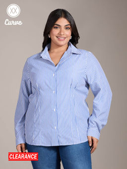 Twenty Dresses by Nykaa Fashion - Curve Light Blue And White Striped Pointed Collar Shirt