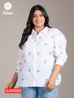 Twenty Dresses by Nykaa Fashion - Curve White Floral Embroidery Pointed Collar Shirt