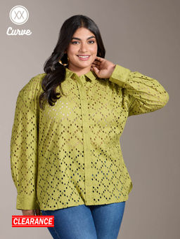 Twenty Dresses by Nykaa Fashion - Curve Lime Green Pointed Collar Full Sleeves Schiffli Shirt
