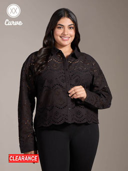 Twenty Dresses by Nykaa Fashion - Curve Black Pointed Collar Short Schiffli Shirt