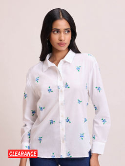 Twenty Dresses by Nykaa Fashion - White Floral Embroidery Pointed Collar Shirt