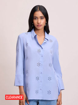 Twenty Dresses by Nykaa Fashion - Light Blue Floral Broad Cuffs Button Down Schiffli Shirt