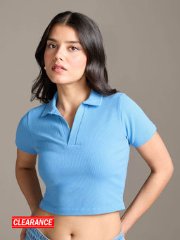 Twenty Dresses by Nykaa Fashion - Blue Solid Collared Neck Short Sleeves Fitted Crop T-Shirt