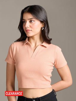 Twenty Dresses by Nykaa Fashion - Apricot Solid Collared Neck Short Sleeves Fitted Crop T-Shirt