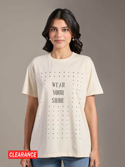 Twenty Dresses by Nykaa Fashion - Beige Typographic Print Embellished Oversized T-Shirt