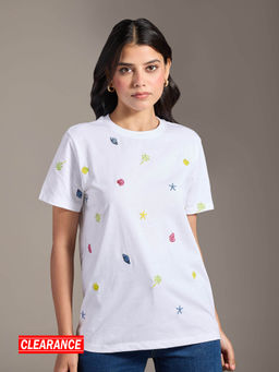 Twenty Dresses by Nykaa Fashion - White Embroidered Crew Neck Short Sleeves T-Shirt