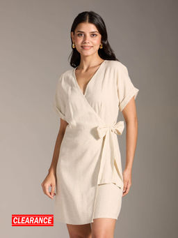 Twenty Dresses by Nykaa Fashion - Beige V Neck Boxy Sleeve Short Wrap Linen Dress