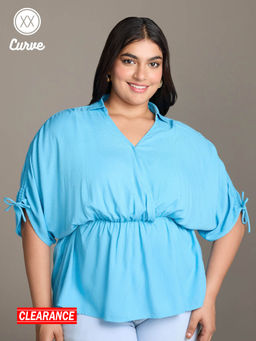 Twenty Dresses by Nykaa Fashion - Curve Light Blue Solid Collared Neck Drop Shoulder Wrap Top