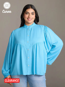 Twenty Dresses by Nykaa Fashion - Curve Light Blue Solid Mandarin Collar Bishop Sleeves Top