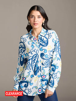 Twenty Dresses by Nykaa Fashion - White and Blue Printed Oversized Shirt