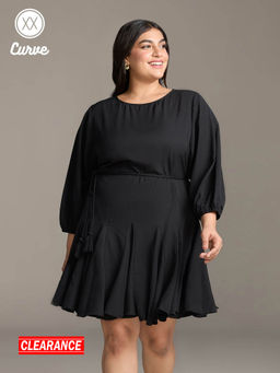 Twenty Dresses by Nykaa Fashion - Curve Black Solid and Flare Dress with Belt (Set of 2)