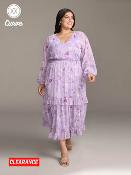 Twenty Dresses by Nykaa Fashion - Curve Lilac Floral Print Midi Dress with Belt (Set of 2)