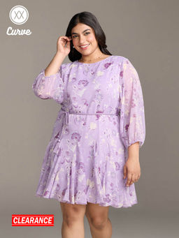 Twenty Dresses by Nykaa Fashion - Curve Lilac Floral Panelled Fit And Flare Dress with Belt