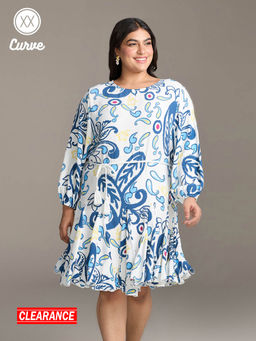 Twenty Dresses by Nykaa Fashion - Curve White and Blue Flare Dress with Belt (Set of 2)