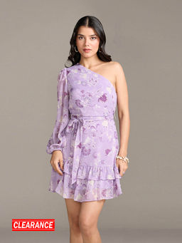 Twenty Dresses by Nykaa Fashion - Lilac Floral One Shoulder Fit And Flare Dress with Belt