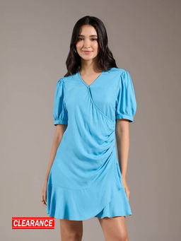 Twenty Dresses by Nykaa Fashion - Light Blue Solid Puff Sleeves Short Wrap Dress