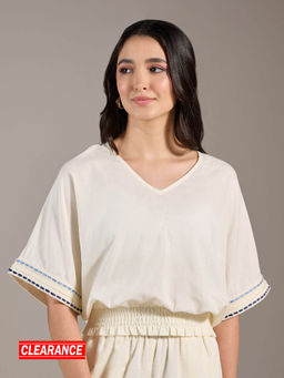 Twenty Dresses by Nykaa Fashion - Off White Solid V Neck Half Sleeves Top