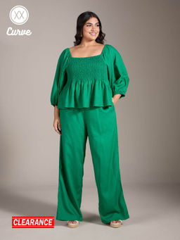 Twenty Dresses by Nykaa Fashion - Curve Solid Smocked Top Straight Fit Pants Co Ord (Set of 2)