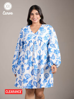 Twenty Dresses by Nykaa Fashion - Curve Blue And White Printed V Neck A Line Dress