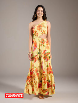 Twenty Dresses by Nykaa Fashion - Yellow Floral One Shoulder Flared Maxi Dress