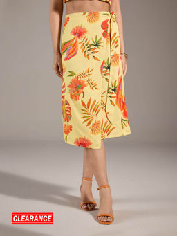 Twenty Dresses by Nykaa Fashion - Yellow Printed A Line Mock Wrap Tie Up Skirt
