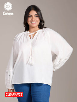 Twenty Dresses by Nykaa Fashion - Curve White Schiffli Embroidered Puffed Full Sleeves Top