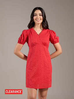 Twenty Dresses by Nykaa Fashion - Red Schiffli Embroidered Puff Sleeves Mini Dress