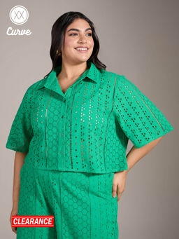 Twenty Dresses by Nykaa Fashion - Curve Green Schiffli Embroidered Bell Sleeves Short Shirt