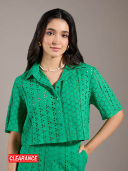 Twenty Dresses by Nykaa Fashion - Green Schiffli Embroidered Bell Sleeves Short Shirt