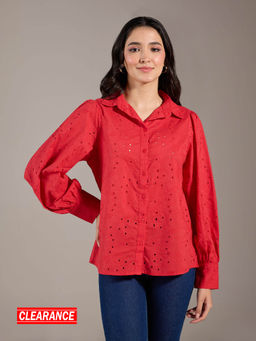 Twenty Dresses by Nykaa Fashion - Red Schiffli Embroidered Full Sleeves Shirt