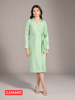 Twenty Dresses by Nykaa Fashion - Mint Green V Neck Full Sleeves Straight Fit Midi Dress