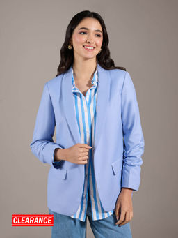 Twenty Dresses by Nykaa Fashion - Light Blue Solid Ruched Sleeves Shawl Collar Blazer