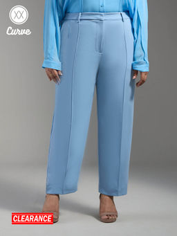 Twenty Dresses by Nykaa Fashion - Curve Light Blue Solid Pin Tuck Tapered Work Trousers