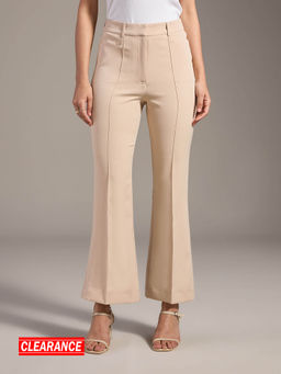 Twenty Dresses by Nykaa Fashion - Work Beige Solid Pin Tuck Bootcut Trousers