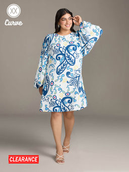 Twenty Dresses by Nykaa Fashion - Curve White and Blue Printed Statement Sleeves Shift Dress