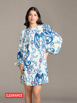 Twenty Dresses by Nykaa Fashion - White and Blue Printed Statement Sleeves Shift Dress