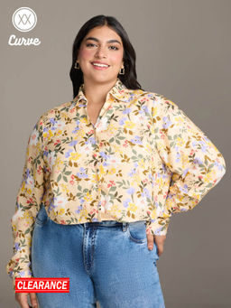 Twenty Dresses by Nykaa Fashion - Curve Yellow Floral Print Pointed Collar Crop Shirt