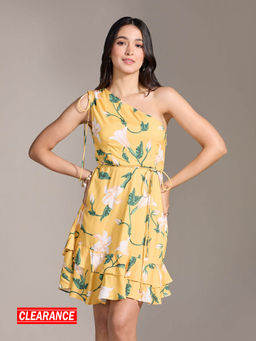 Twenty Dresses by Nykaa Fashion - Yellow Floral One Shoulder Ruffled Hem Short Dress (Set of 2)