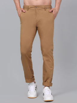 Cantabil - Men Khaki Non Pleated Solid Stretchable Casual Trouser
