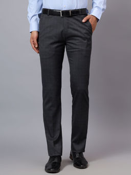 Cantabil - Men Grey Non Pleated Checkered Stretchable Formal Trouser